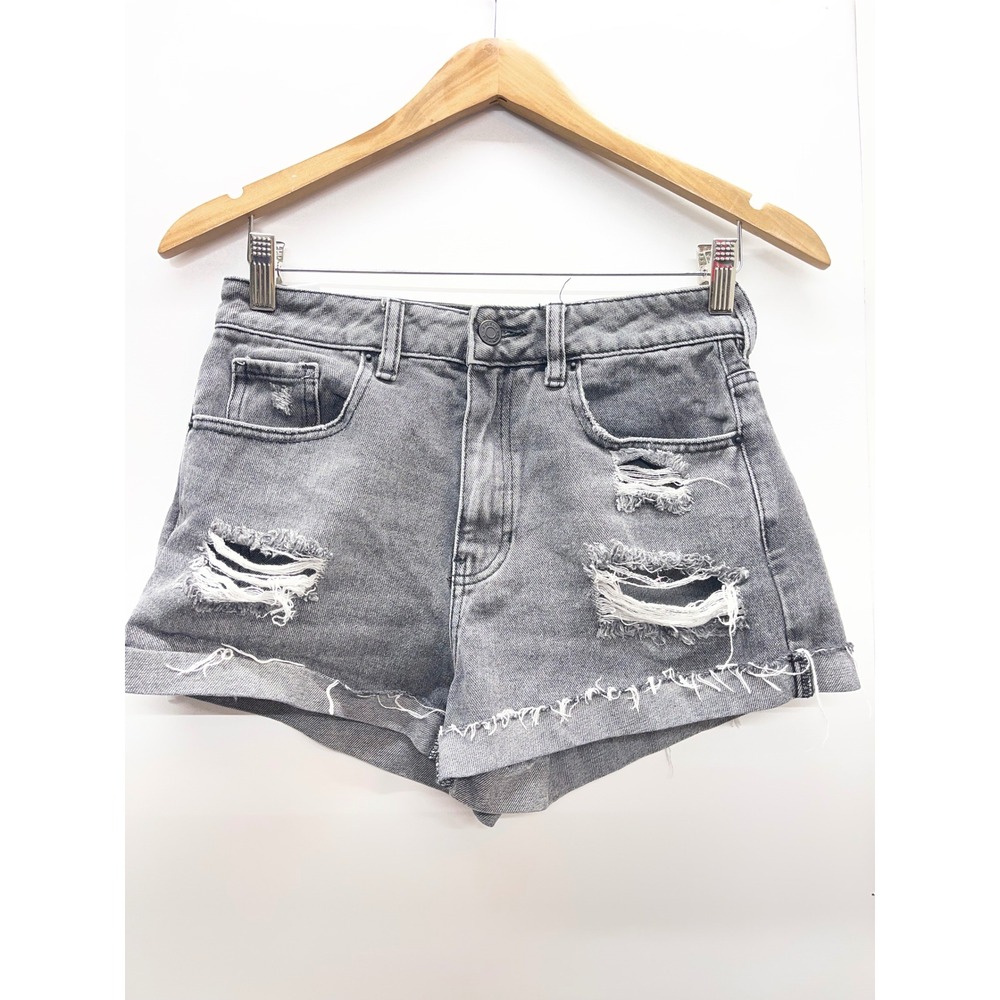 PacSun Mom Short Grey Distressed High Waisted Denim Jean Shorts Size 26‎